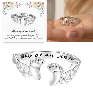 Adjustable Mommy of an Angel Memorial Ring - Footprint & Wing Cuff Polished Sympathy Gift for Birthday, Mother's Day Gift, Grieving Mons Daily Wear Sentimental Jewelry Remembrance Rings