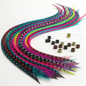 Feather Hair Extensions Set 20 Loose Rainbow Hues 100% Real Rooster Feathers with 20 Beads & Loop Tool Kit for Easy Installation - Lightweight