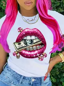 Pretty Lips And Diamonds And Gems And Dollars Graphic Print Short Sleeve T-Shirt, Casual Crew Neck Top for Spring And Summer, Women'S Clothing