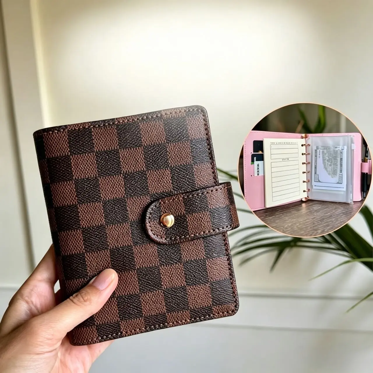 A7 Mini Checkered Cover Faux Leather Binder Wallet Planner, 45-Lined-Page Loose-Leaf Notebook with 6 Zippered Pockets, Student Budget Tracker for Daily Logs & Office Organization