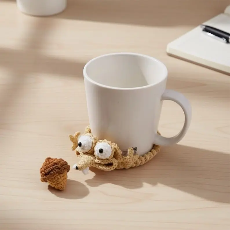 Crochet Funny Squirrel & Acorn Coaster Crochet, Amigurumi Mug Rug
