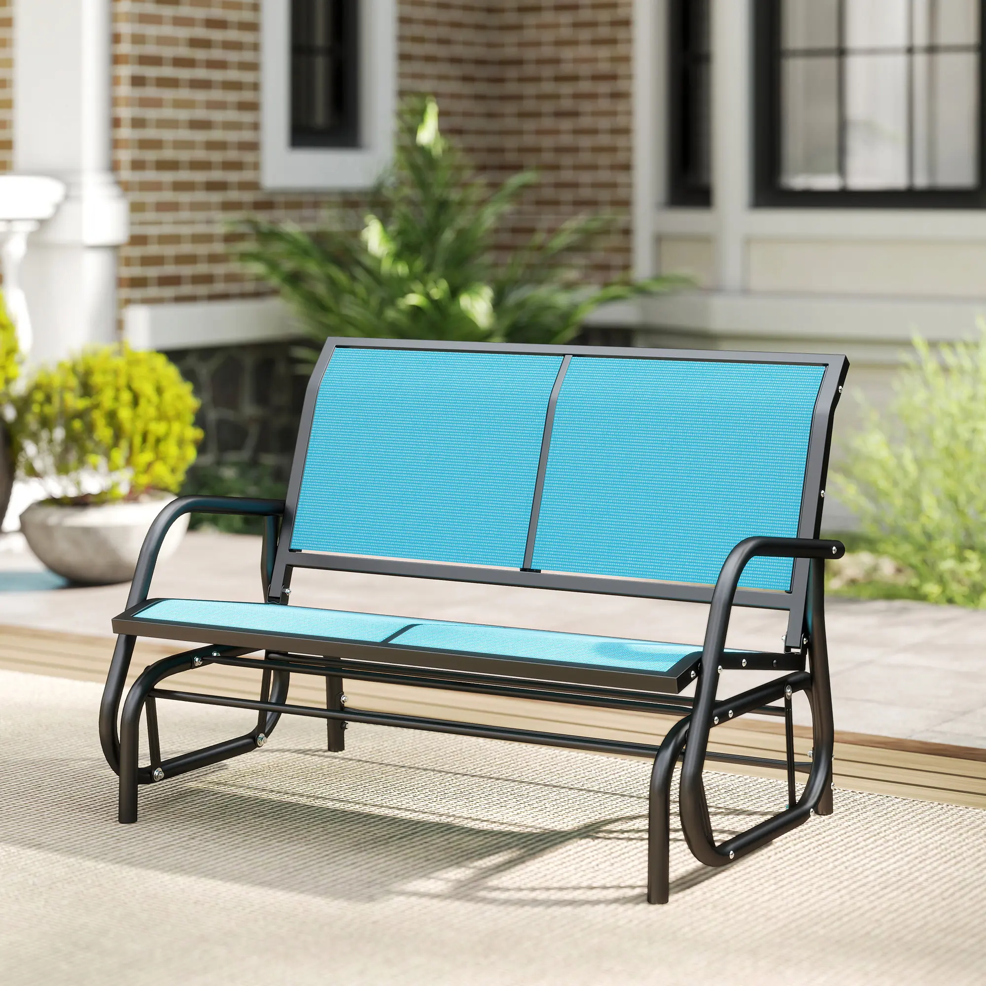 2 Person Outdoor Blue Glider Bench Patio Double Swing Rocking Chair Loveseat with Powder Coated Steel Frame for Backyard Garden Porch Ventilating Sling Fabric