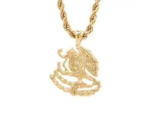 Large Mexican Shield Eagle Necklace 14k Heavy Plated Gold 5mm Rope Chain Diamond Cut French Rope Chain Lifetime Replacement Guarantee