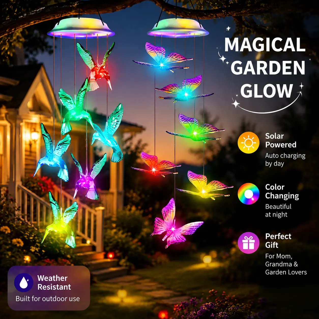 Solar Hummingbird Lights Outdoor, Magical Garden Hanging Lights with Color Changing LED, Solar Powered Butterfly home Decor Light for Backyard Patio Tree Branch Garden Decoration decorative lamp