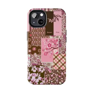 Y2K Pink Floral Patchwork Phone Case | Aesthetic Brown & Pink Quilt Phone Cover for iPhone 17 16 15 14 13 12 11 Pro Max X XR XS & Galaxy S25 S24 S23 S22 S21 | Hippie Floral Collage Gift for Cat Lovers