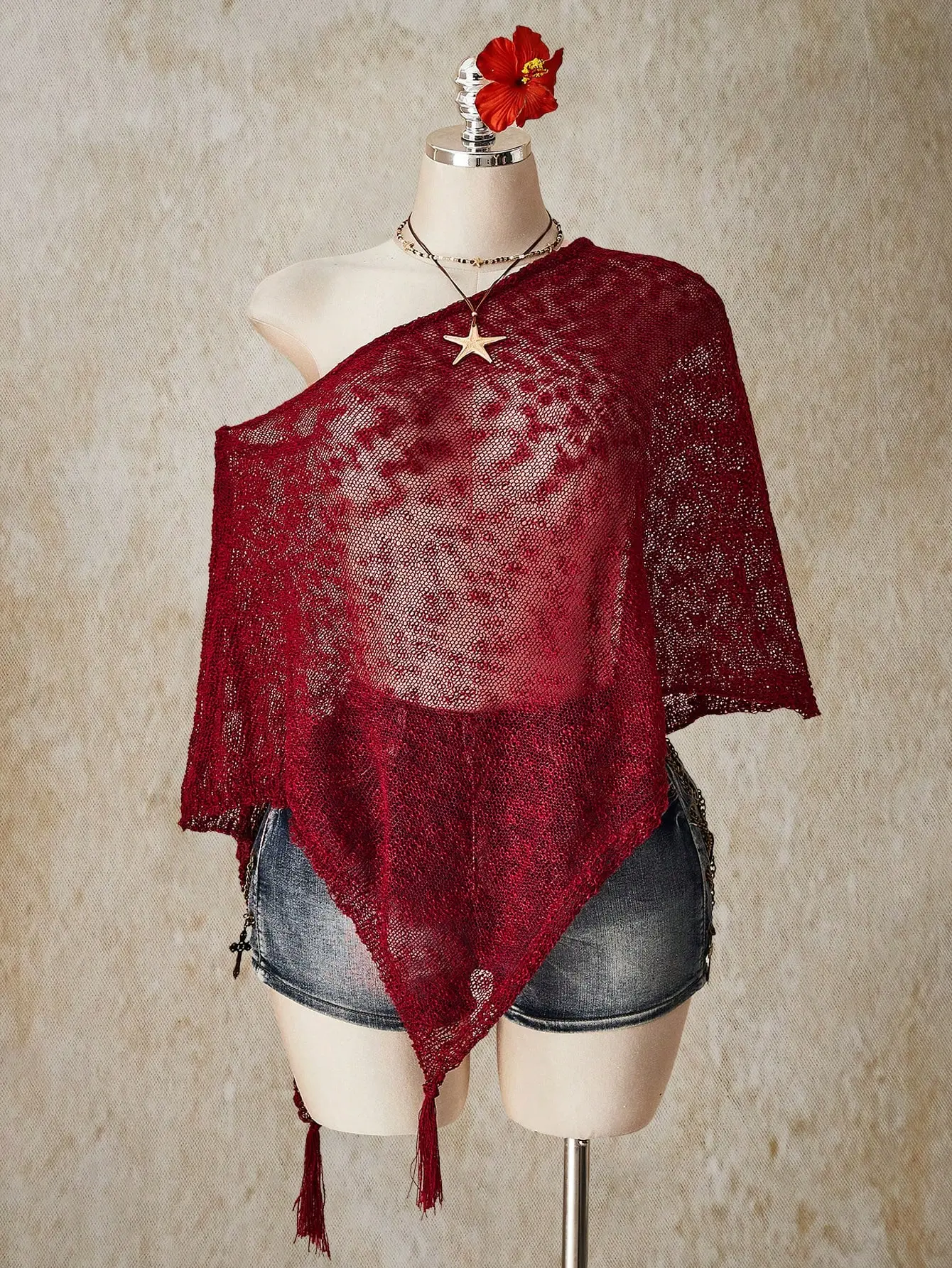 LUSHLACE Plus Size Knitted Cover-Up Top Red Tassel Retro Bohemian Spring Summer