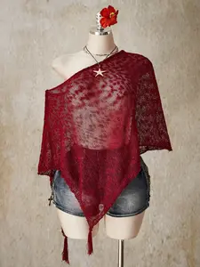 LUSHLACE Plus Size Knitted Cover-Up Top Red Tassel Retro Bohemian Spring Summer