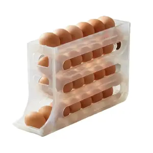 Auto Rolling Egg Organizer, 4-Tier White Refrigerator Egg Storage Container, Sliding Egg Dispenser, Space-Saving Kitchen Countertop Egg Holder, Household Food Storage Box