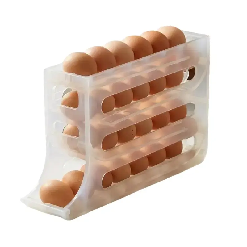 4-Tier Auto Rolling Egg Dispenser, White Egg Storage Container, Sliding Design Fridge Egg Organizer, Space-Saving Egg Holder for Refrigerator & Countertop