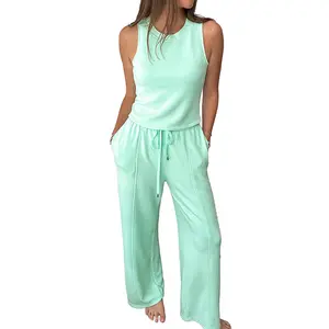 Women's 2-Piece Minimalist Basic Casual Loungewear Set - Lightweight Crewneck Top, Drawstring Wide Straight Leg Pants Tracksuit for Plus-Size Ladies