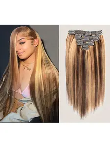 Real Human Hair Clip-In Extensions, 8pcs Straight Medium Length, Chocolate to Honey Blonde Colors, All-Season Wear