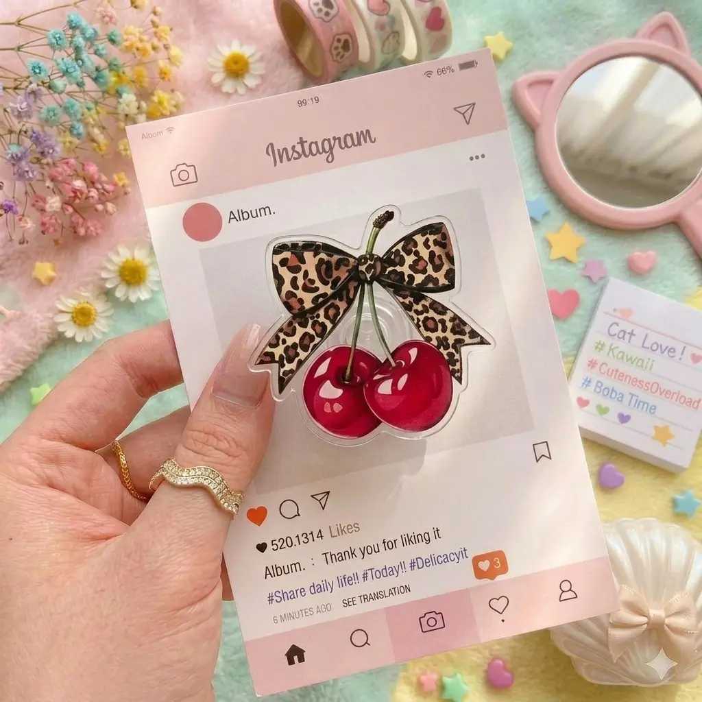 Cherry Bow Phone Grip Holder, Leopard Print Coquette Phone Stand, Cute Girly Phone Accessory for Women Girls