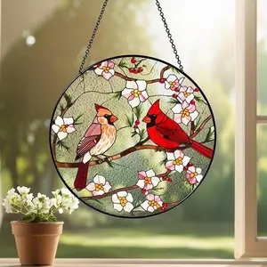 Cardinal Stained Glass Suncatcher,Window Hanging,Bird Lover,Bird Glass Art,Home Decor,Male & Female Cardinal,Memorial Suncatcher,Women Gift