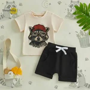 2 Pcs Set Toddler Baby Boy Summer Outfit Raccoon Print Crew Neck Short Sleeve Tops and Shorts Organic Cotton Short Sleeve Set