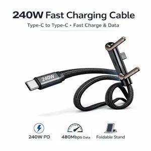 240W USB-C Fast Charging Cable with Foldable Stand, Angled Connector Type-C Cable for Phones