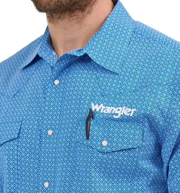 Wrangler® Men's Logo Long Sleeve Button Down Shirt, Blue