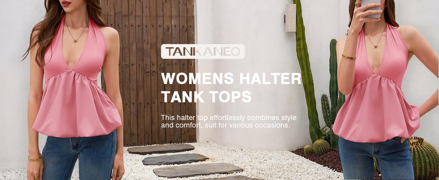 Tankaneo Womenswear Deep V Neck Halter Tank Tops Summer Trendy Casual Tie Back Sleeveless Shirts Bubble Hem Blouse Tees  Sexy Y2K streetwear