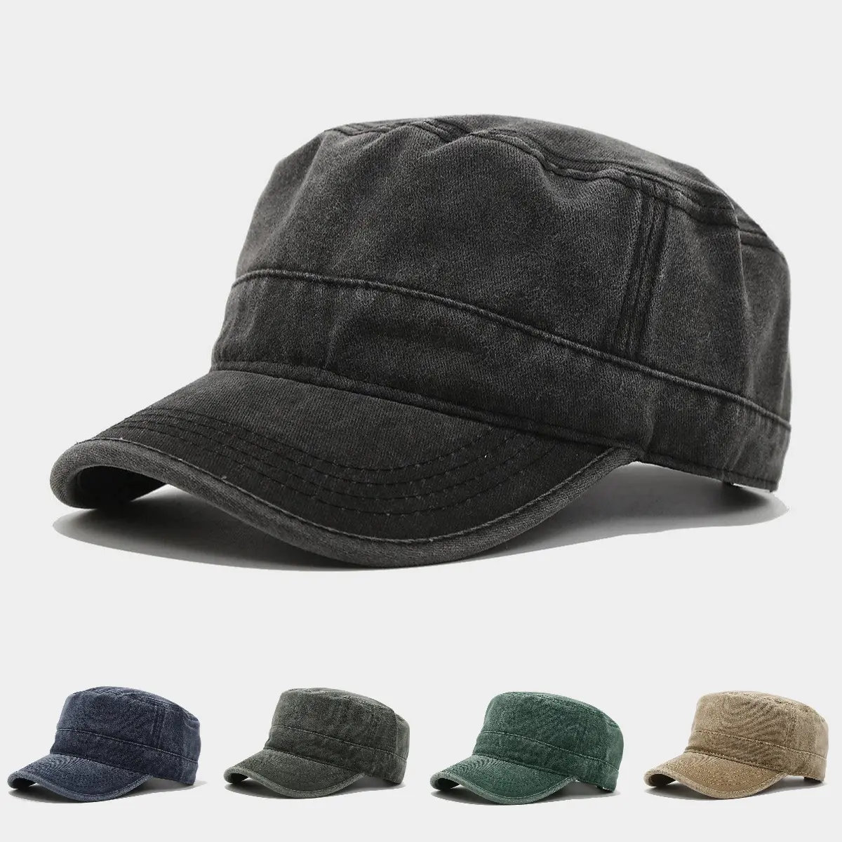 Vintage Washed Military Cap, Adjustable Cotton Cadet Hat, Lightweight Breathable Flat Top Cap for Casual Outdoor Streetwear