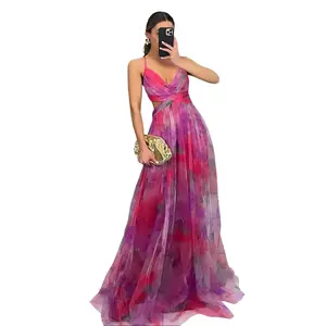 New Mesh Print Sundress Vibrant Multicolor Design Perfect for Vacations Casual Parties and More Stylish Comfortable Dress Elegant Strapless Adult Prom Minimalist A-Line Maxi Lightweight Flowy V-Neck Wedding Shower Womenswear - Formal wedding guest evening