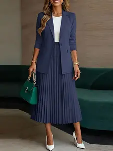 ZANZEA Women's Casual Elegant Chic Loose Suit Set, Lapel Neck Fashion Leisure Blazer Jacket, Pleated Skirt, Gathered Design, Perfect for Daily, Travel, Commuting