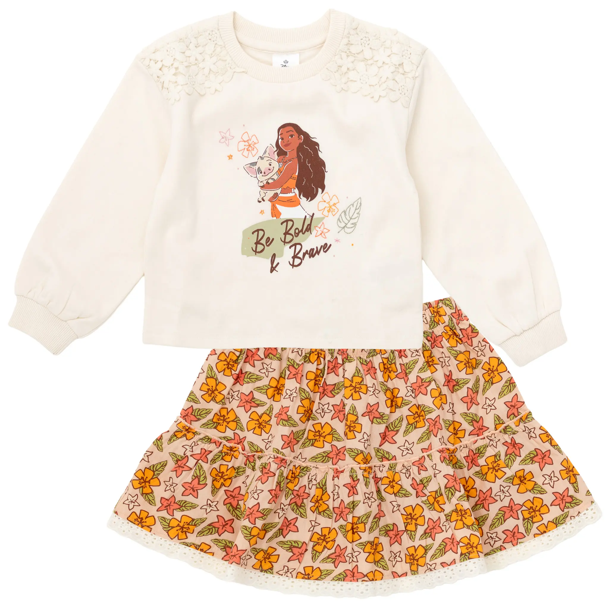 Disney Moana Girls' Lace Trim Fleece Pullover and Tiered Ruffle Skirt Outfit Peach Pua Toddler to Big Kid