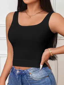 Women's Tank Tops with Bulit in Bras  Ribbed Fitted Knit Crop Basic Casual Sleeveless Top for Daily Wear, Ladies Clothes for All Seasons, Chic