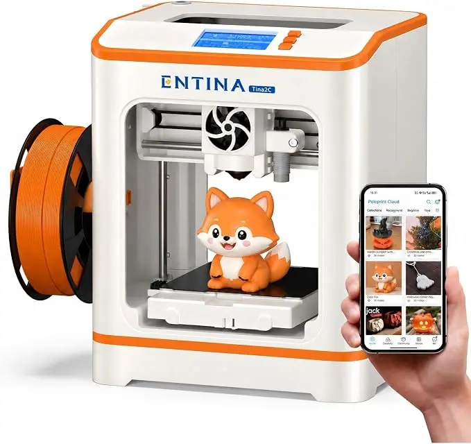 Entina Tina2C Mini 3D Printer for Kids & Beginners - Fully Assembled, 8-Min Ready, App & WiFi Control, Auto Leveling, High Precision, 1500+ Models, 20+ DIY Modules, 1kg, LED Lights, Linux Compatible, School STEM Learning, Cool Gifts for Kids, Home tiktoks