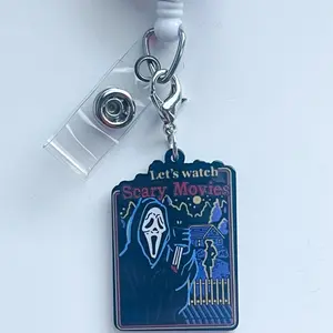 Ghost Pink Heart Horror Badge Reel Charm for Handbag, Backpack, Keys & ID Holder - Spooky Design with Ghost Face