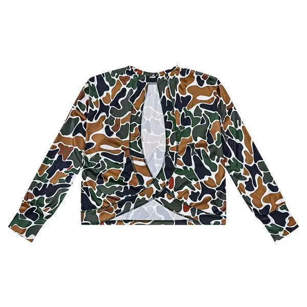 Women's Camo Long Sleeve Oversized Shirts Casual Hollow-out T-Shirts Pullover Crew Neck Tops Fall Fashion Outfits