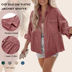 lmily Bela Womens Corduroy Shirts Casual Long Sleeve Button Down Blouses Tunic Babydoll Dress Loose Pocket Jacket Shackets