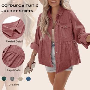 lmily Bela Womens Corduroy Shirts Casual Long Sleeve Button Down Blouses Tunic Babydoll Dress Loose Pocket Jacket Shackets