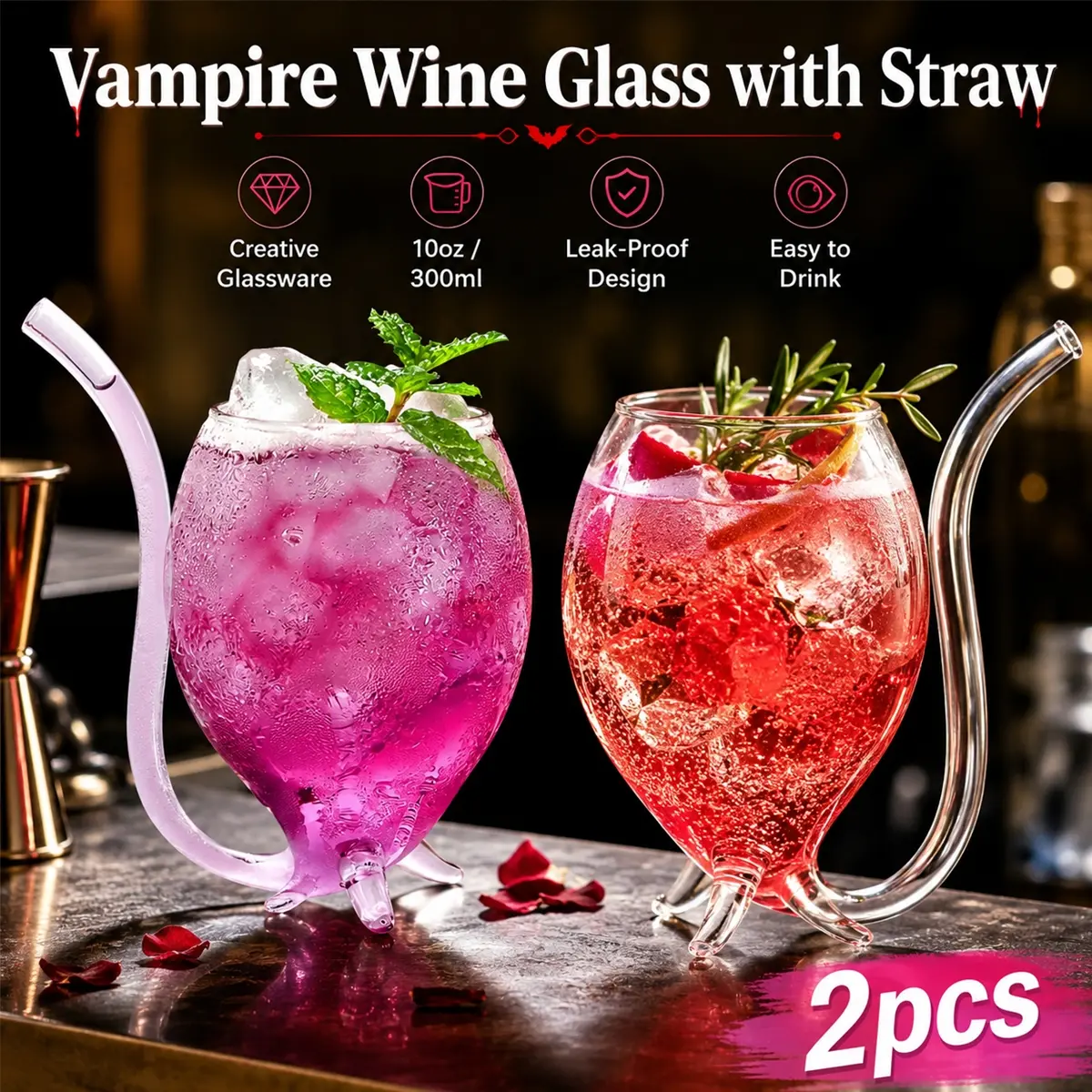 2PCS Vampire Wine Glass Set with Straw, Drinking Glasses Set, 10oz Clear Cocktail Glass Cups, Curved Drinking Tube Design, Fun Sipper Decanter for Home Bar Halloween Party, Blood Theme Drinks, Wine Lovers, Party Glassware, Drinkware