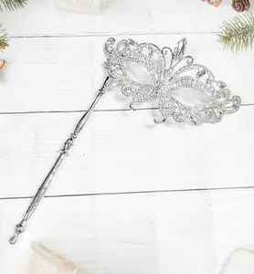 Crystal Masquerade Mask with Silver Stick: Prom, Wedding Party