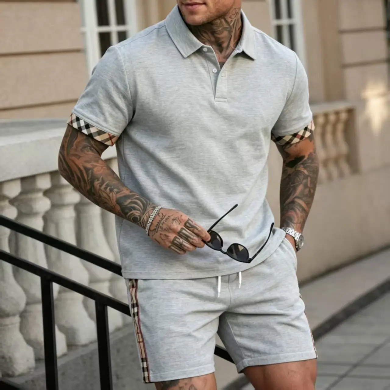 Men's summer casual checkered color-block sportswear two-piece set, including breathable POLO shirt and shorts, classic men's clothing set, fashionable and stylish. sohochic