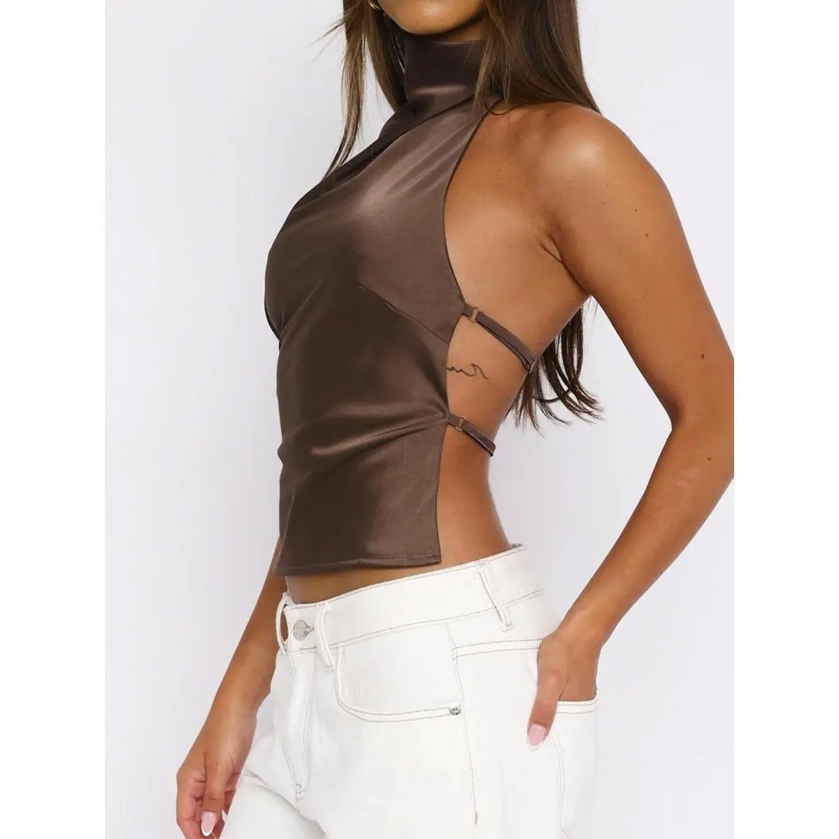 Women's Fitted Halter Neck Sleeveless Tank Top - Solid Color, Backless, Adjustable Neck Strap, Casual Daily Wear, Hand Wash Only (Sports & Outdoor Clothing)