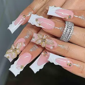 Handmade White Sculpted Press On Nails | 3D Gold Flowers & Pearls | Long Square French Tips for Bridal or Glam Look