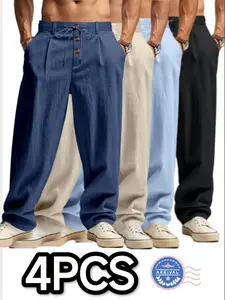 4 Pcs Men's Linen Breathable Pants Set, Casual Loose Fit H-Type Natural Waist Long Trousers, Summer Hawaii Beachwear Gift for Boyfriend