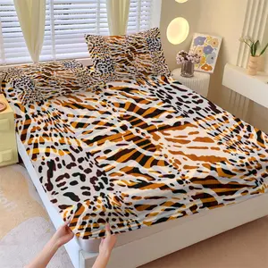 Animal Print Mix-Match Fitted Sheet Set, 1 Bed Sheet and 2 Pillowcases No Core, Leopard and Tiger Stripe, Vintage Wild Fashion Bedding Anti-Slip, Soft and Breathable, Spicy Girl Bedroom Decor