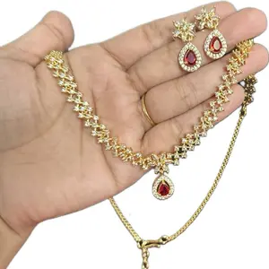 Traditional Indian AD Floral Mini Necklace Set with Matching Earrings
