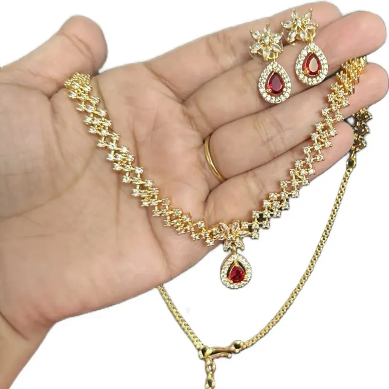 Elegant Gold-Toned AD Necklace and Earrings Set with Flowers, Indian Traditional Mini Choker for Women's Casual Daily Wear, Indian Floral, Includes Neck+Earr, Fashion Jewelry Set, Necklaces Earrings Set