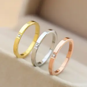 RINGLUX - 2mm Thin Stackable Ring Stainless Steel Single CZ Wedding Band for Women Girl Size 3-10