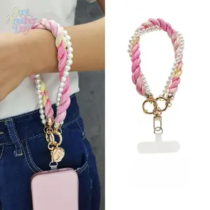Braided Wrist Phone Lanyard, Short Pearl Beaded Phone Strap, Stylish Wrist Chain with Connector for Cell Phone Case