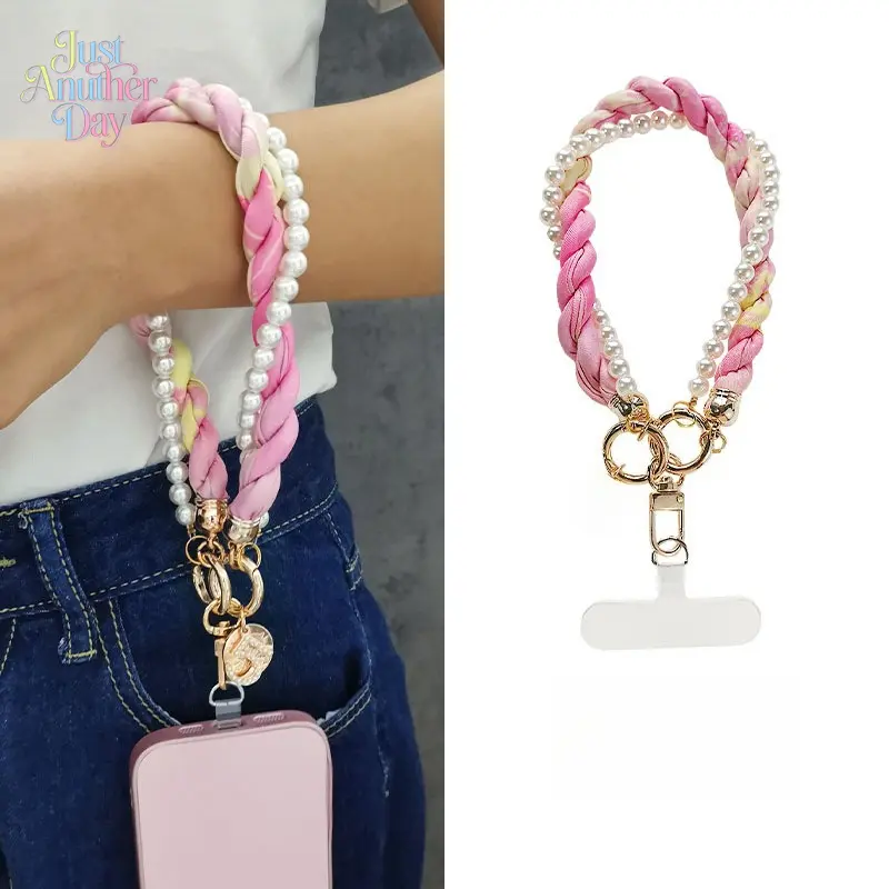Braided Wrist Phone Lanyard, Short Pearl Beaded Phone Strap, Stylish Wrist Chain with Connector for Cell Phone Case