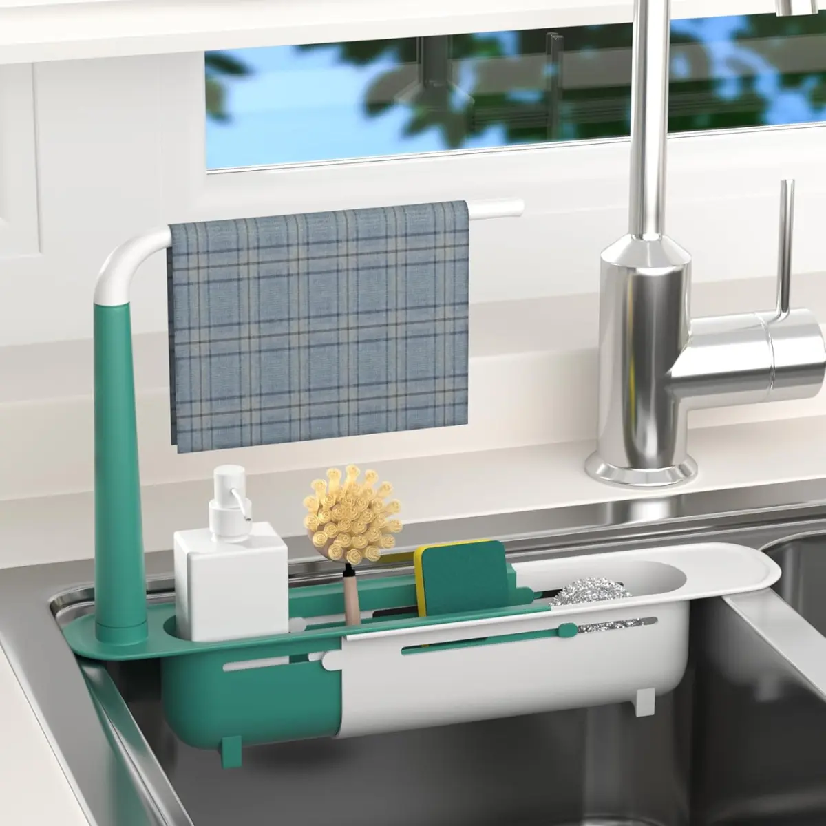 Adjustable Sink Storage Rack, Telescopic Sink Caddy with Sponge Holder for Kitchen Sink Organizer Green