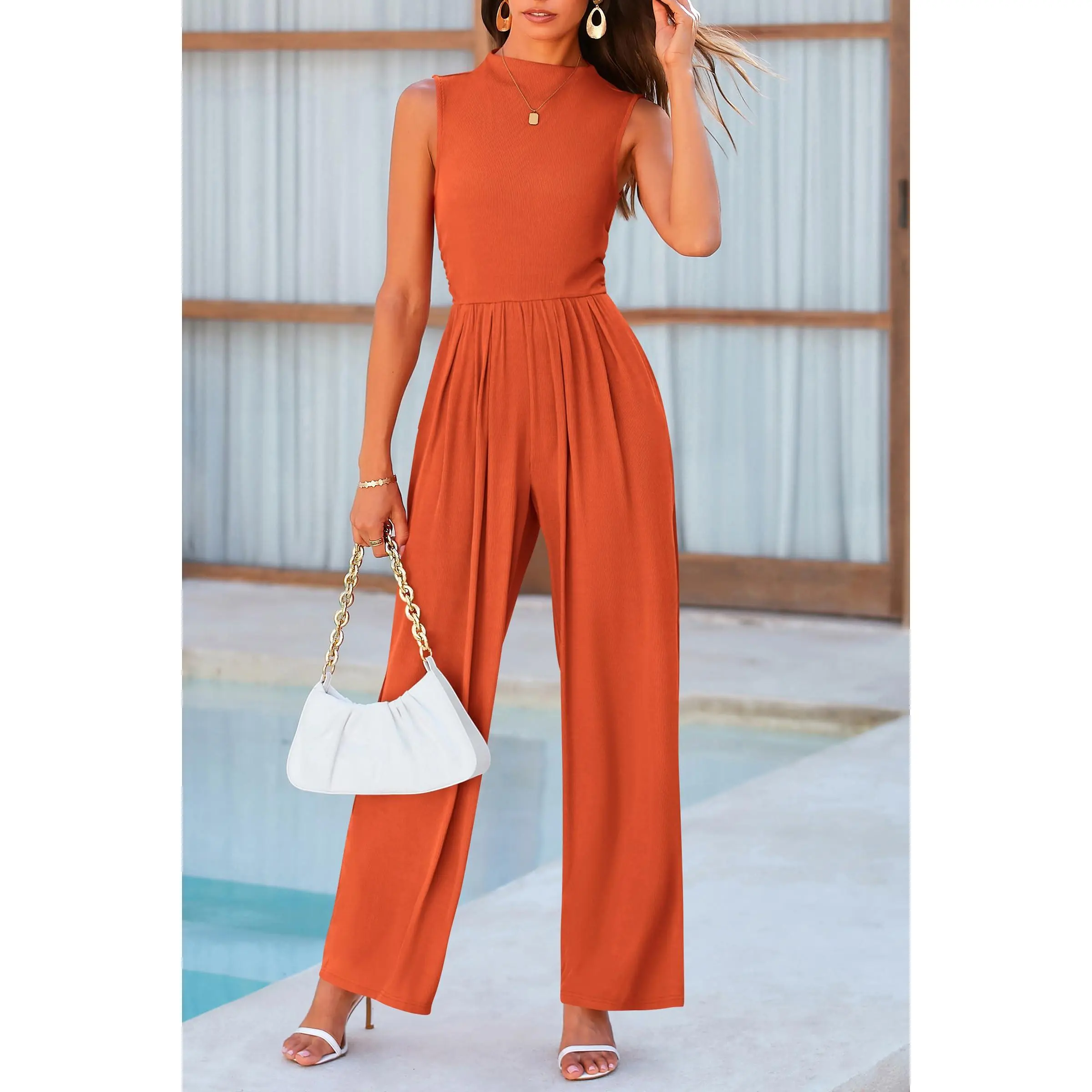 Mock Neck Sleeveless Wide Leg Jumpsuit