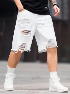 Men's Solid Color Ripped Denim Shorts, Loose Casual Comfy Breathable Short Jeans for Daily Wear, Button Ripped Shorts, Men's Bottoms for Summer, Ripped Design Shorts, Distressed Jeans Shorts, Casual Fashionable Shorts