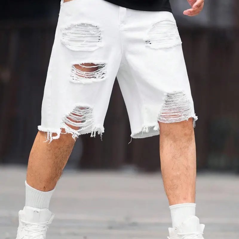 Men's Solid Color Ripped Denim Shorts, Loose Casual Comfy Breathable Short Jeans for Daily Wear, Button Ripped Shorts, Men's Bottoms for Summer, Ripped Design Shorts, Distressed Jeans Shorts, Casual Jorts