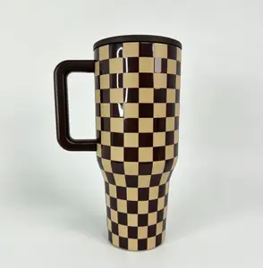HydroJug Retro Brown & Beige Checkerboard 40oz Tumbler with Handle - Insulated Stainless Steel Travel Coffee Mug  Straw Insulated Cup with Handle Keeps Drinks Cold 24H Drinkware Flasks Bottles Water Bottles Bottled Portable