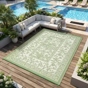 Reversible Outdoor Rug  Waterproof Plastic Straw Patio Mat, Botanical Vintage Cottage Core Design for RV Camping Deck Picnic Beach Backyard, Indoor Outdoor Carpet with Quick Dry UV Protection and Portable Lightweight Construction