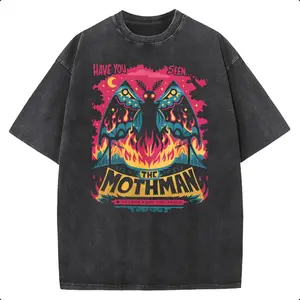 Men's & Women's Vintage Mothman Graphic T-Shirt - Heavyweight 230g Pure Cotton Streetwear Tee with Iconic West Virginia Folk Art Print, Loose Hip-Hop Fit, Sweat-Absorbent for all-Season Casual Wear
